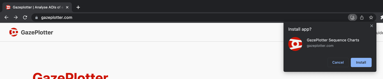Chrome address bar showing the install button for the GazePlotter PWA.