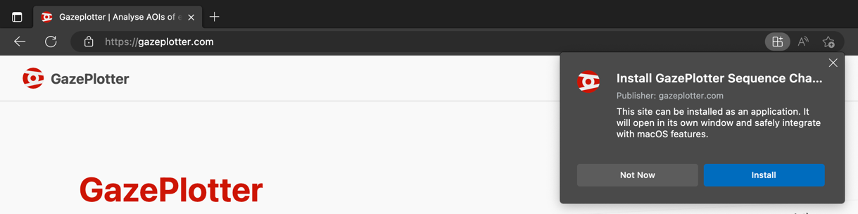 Edge address bar showing the install button for the GazePlotter PWA.