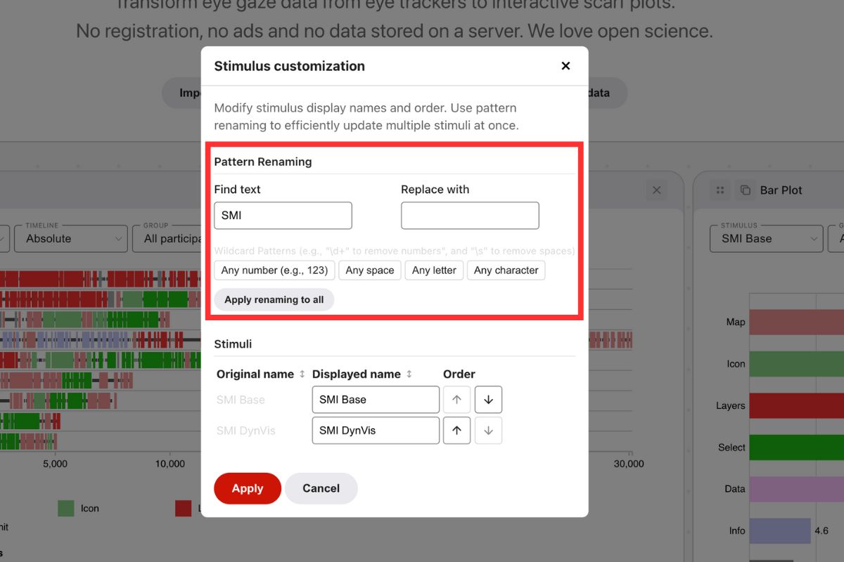 Stimulus customization table with displayed name and order controls.