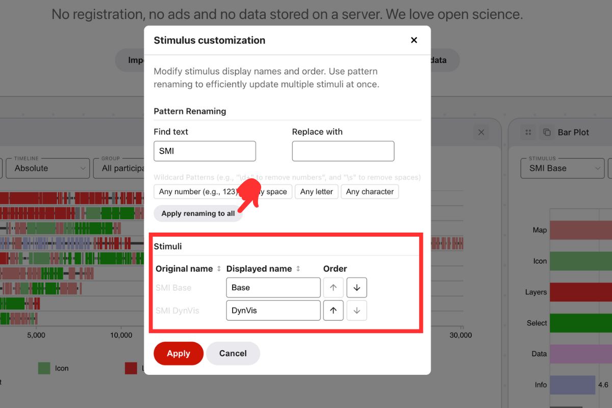 Stimulus customization pattern renaming panel with regex-based find and replace fields.